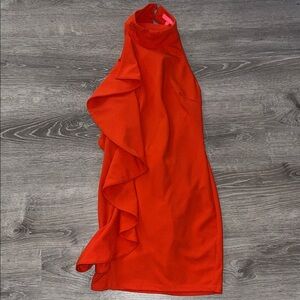 Xtaren One Shoulder Red Dress with a bold fashion forward ruffle.